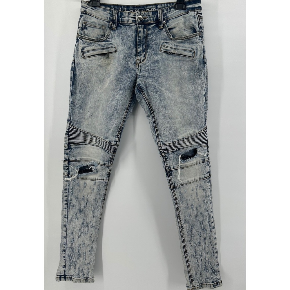 Kilogram Mens Acid Wash Moto Jeans Blue Distressed Biker Denim Slim Fit 31x31
